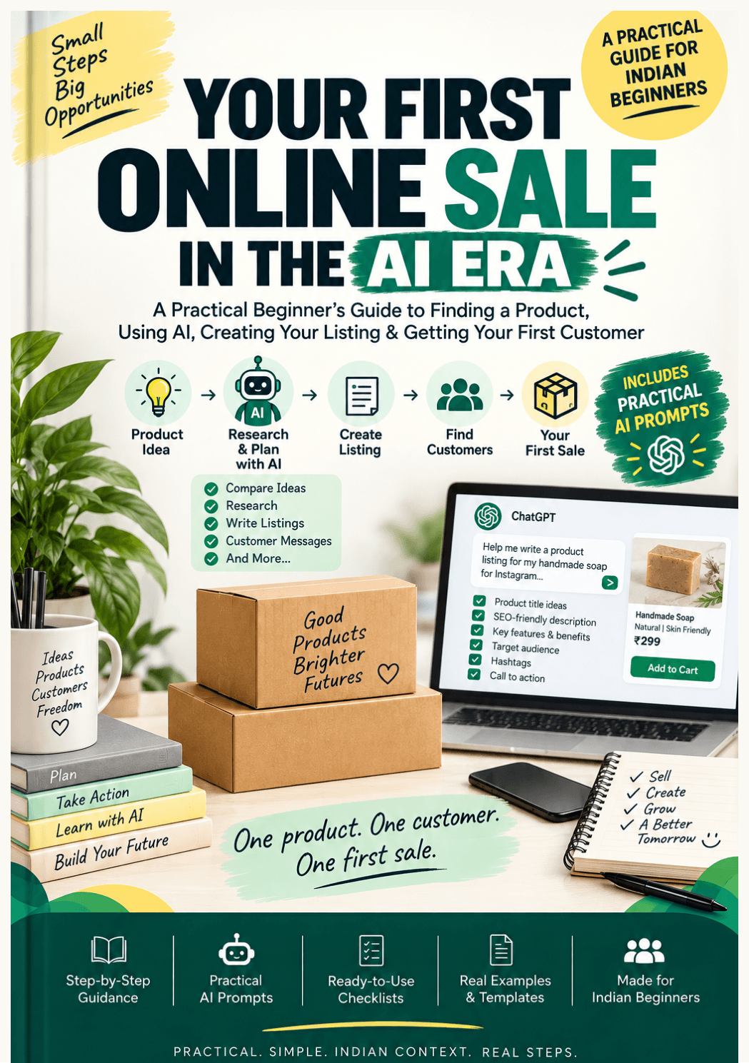 Cover of Your First Online Sale — In the AI Era, a practical guide for Indian beginners showing the product-to-sale journey with AI
