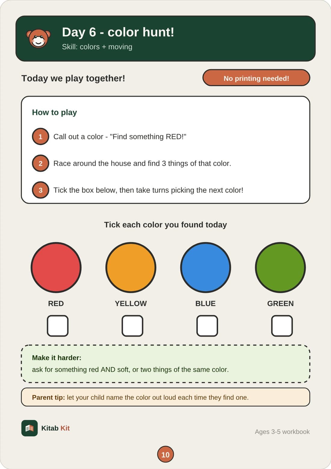 Sample page: Day 6 no-printing colour hunt game to play around the house