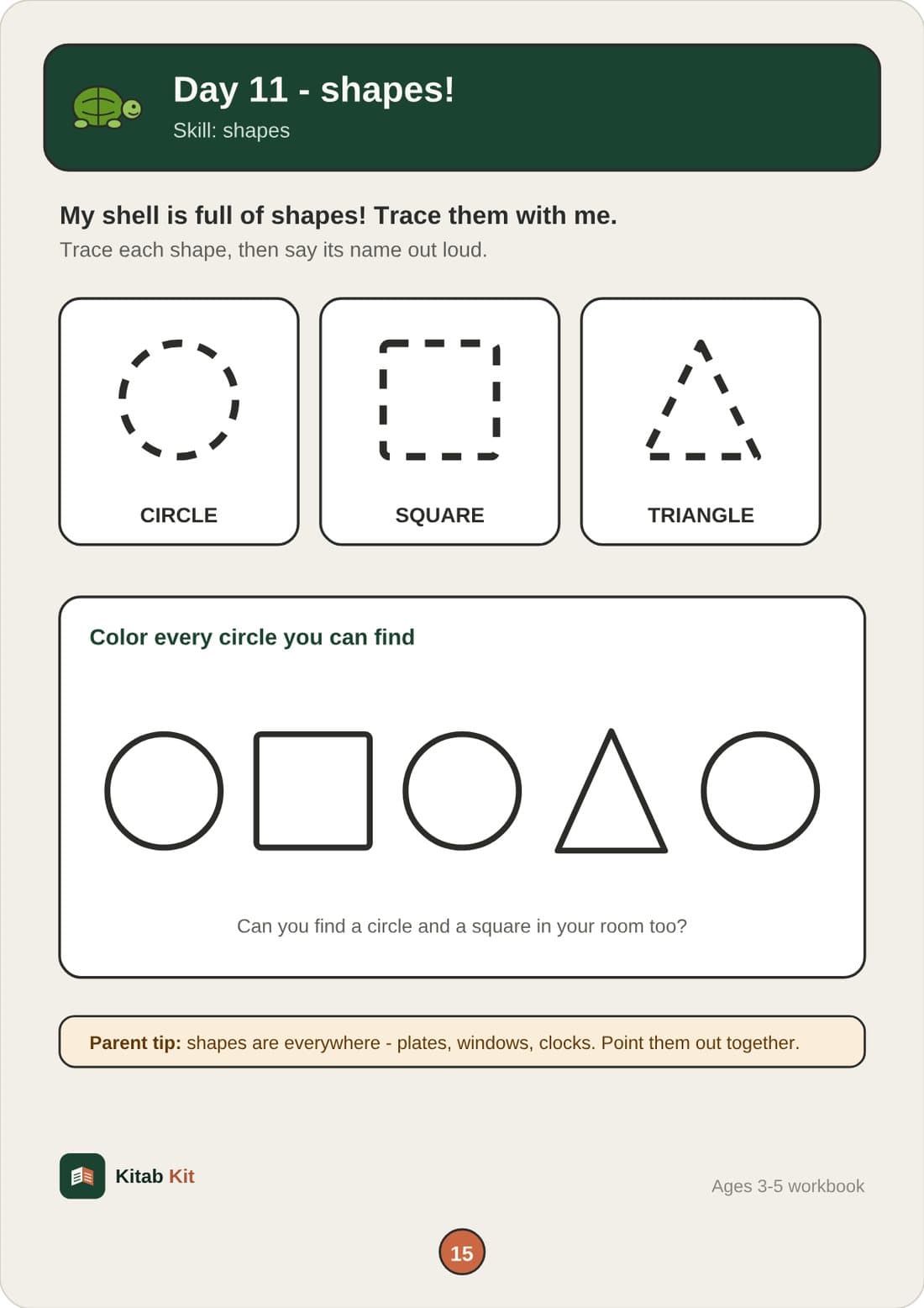 Sample page: Day 11 shape tracing and shape recognition activity