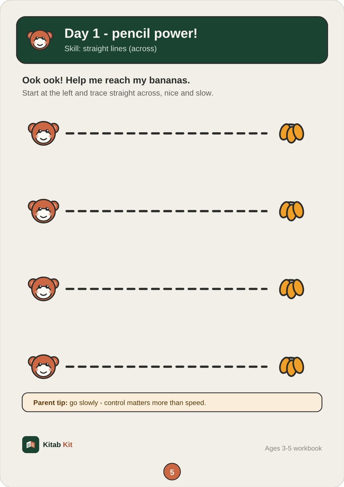 Sample page: Day 1 pencil-tracing activity with a monkey reaching for bananas